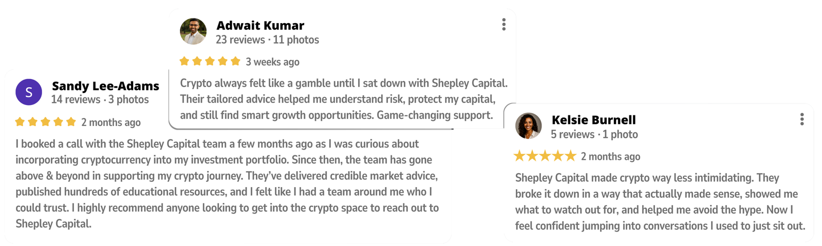 Client testimonials for Shepley Capital crypto membership