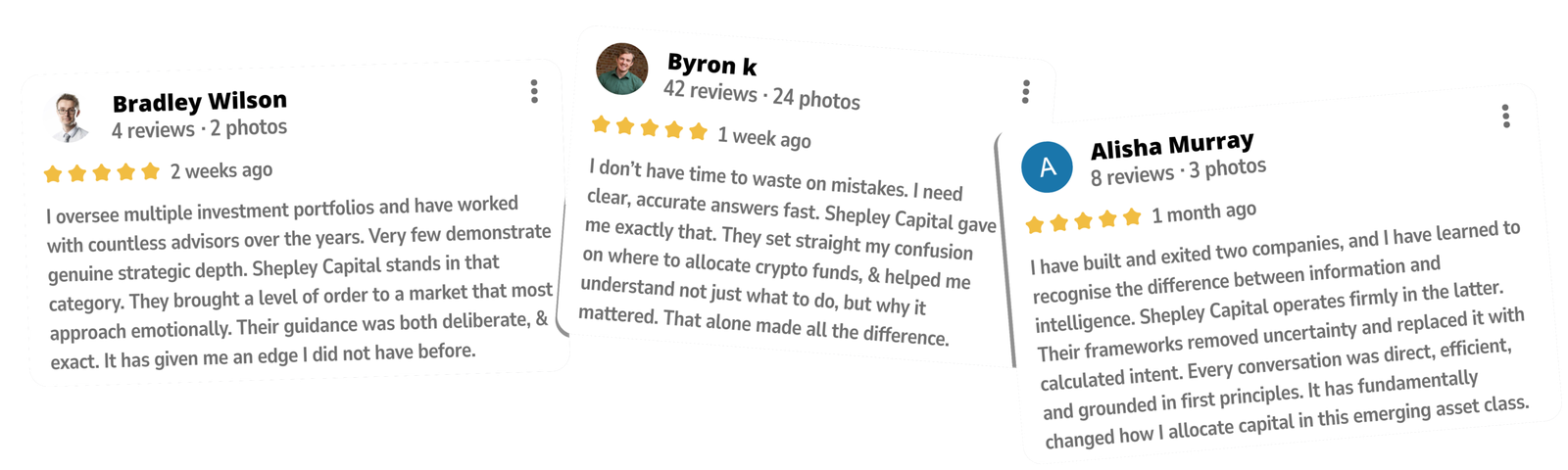 Client testimonials for Shepley Capital crypto membership