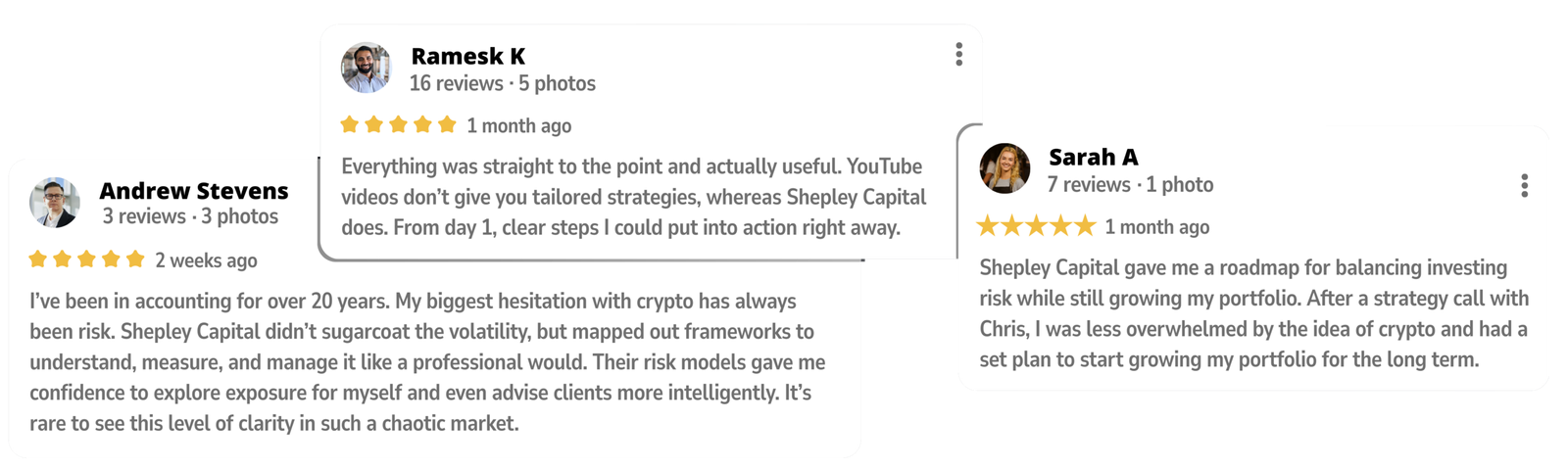 Client testimonials for Shepley Capital crypto membership